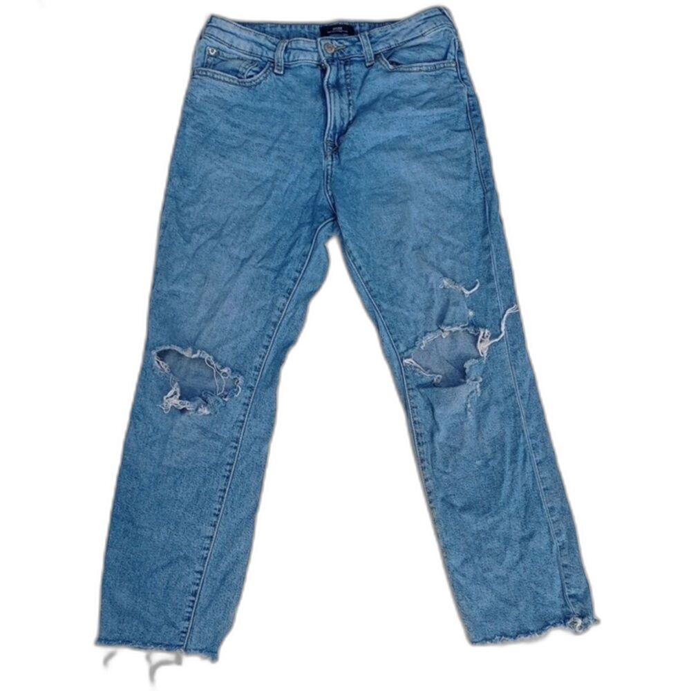 True Religion W 29 Cut Off Frayed Starr High Rise Straight Leg Ripped Jeans